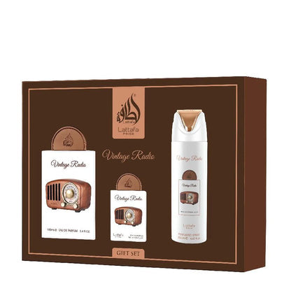 Lattafa Pride Vintage Radio Giftset Eau De Parfum 100ml + 20ml + Deodorant 200ml Unisex